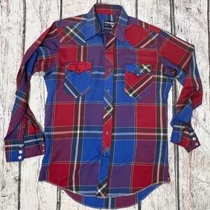 Vintage Wrangler Western Plaid Pearl Snap Cowboy Rockabilly Long Sleeve Shirt